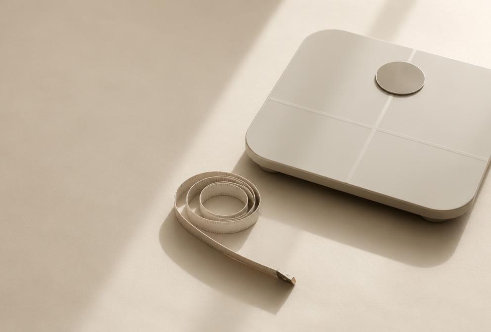 Fita métrica e balança minimalista sobre piso claro