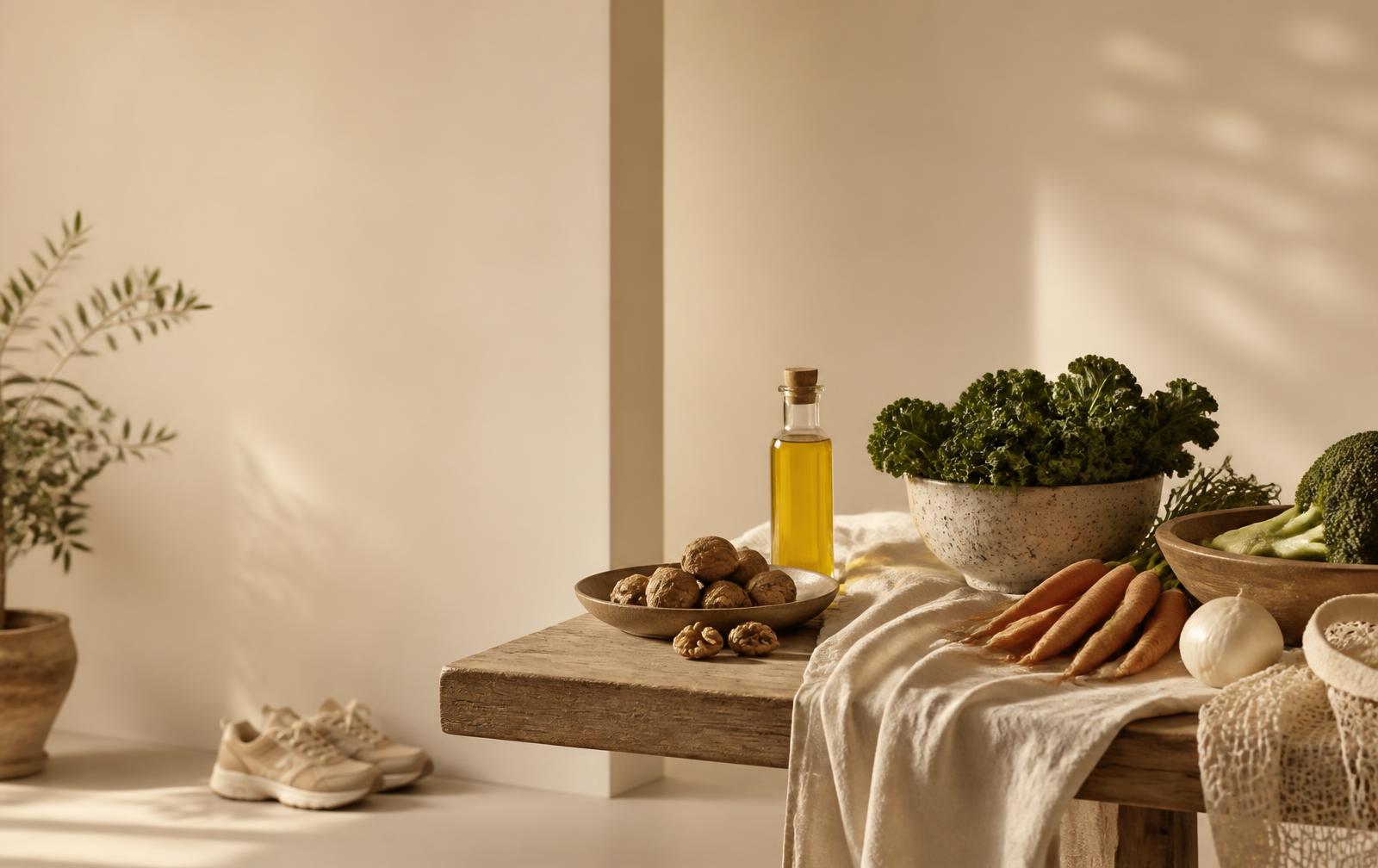 Mesa de madeira com vegetais frescos, azeite, nozes e tênis de corrida em ambiente de luz natural