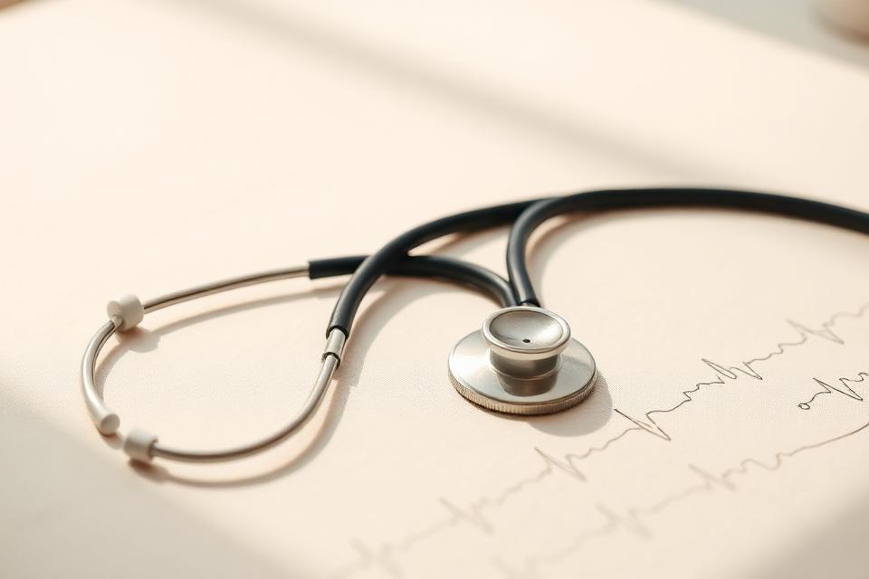 Estetoscópio apoiado sobre traçado de eletrocardiograma em superfície clara