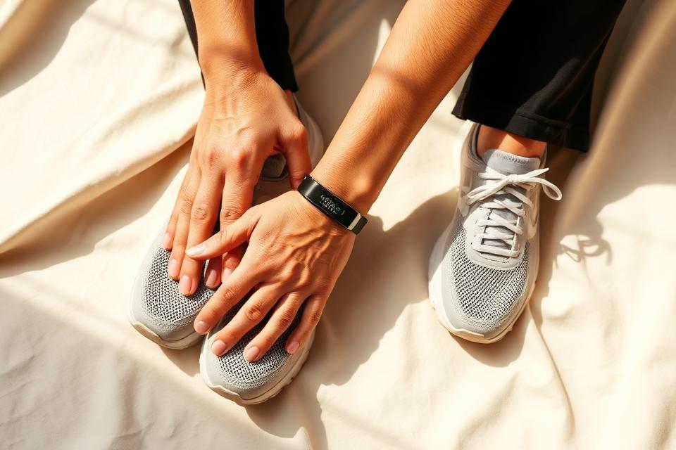 Mãos ajustando tênis de corrida ao lado de pulseira de monitoramento